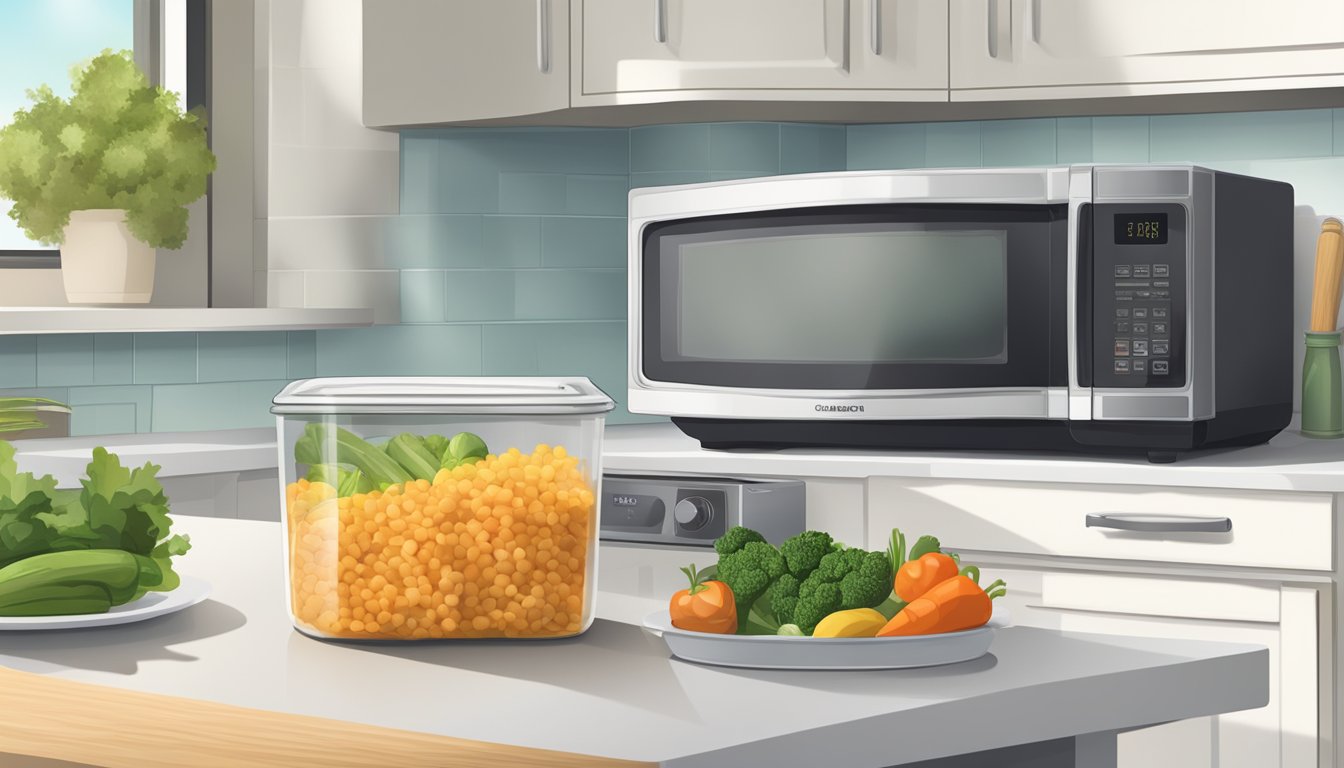 A kitchen counter with a clear plastic container of gluten-free Provencal vegetables next to a microwave oven