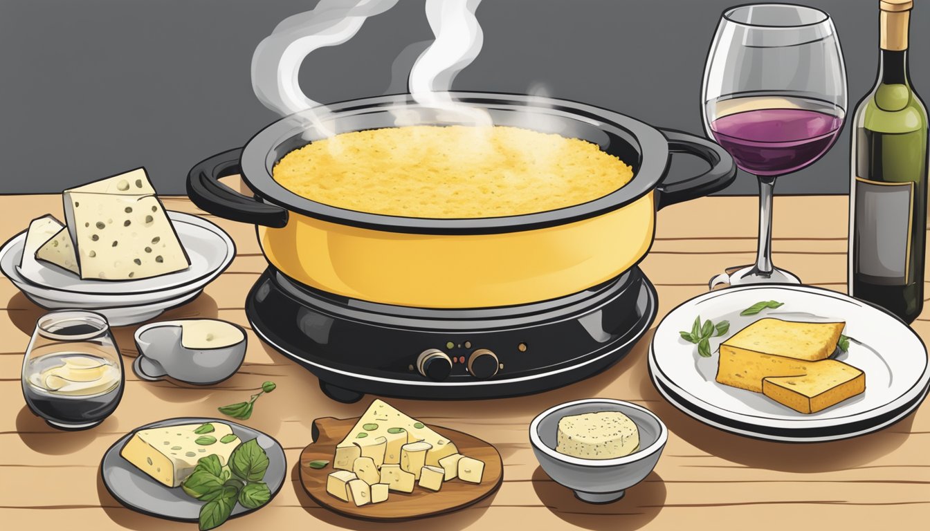 A steaming bowl of gluten-free polenta being reheated on a stovetop, accompanied by a selection of wine glasses and a platter of assorted cheeses