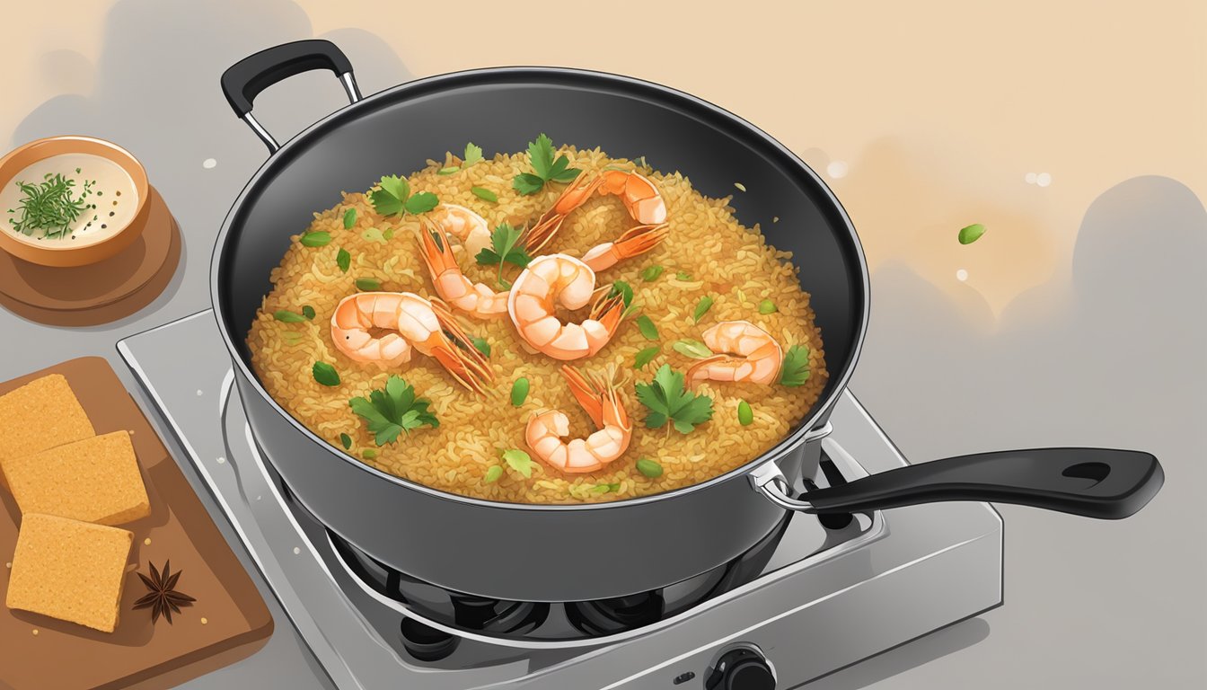 A steaming pot of gluten-free shrimp biryani being reheated on a stovetop, with aromatic spices wafting through the air