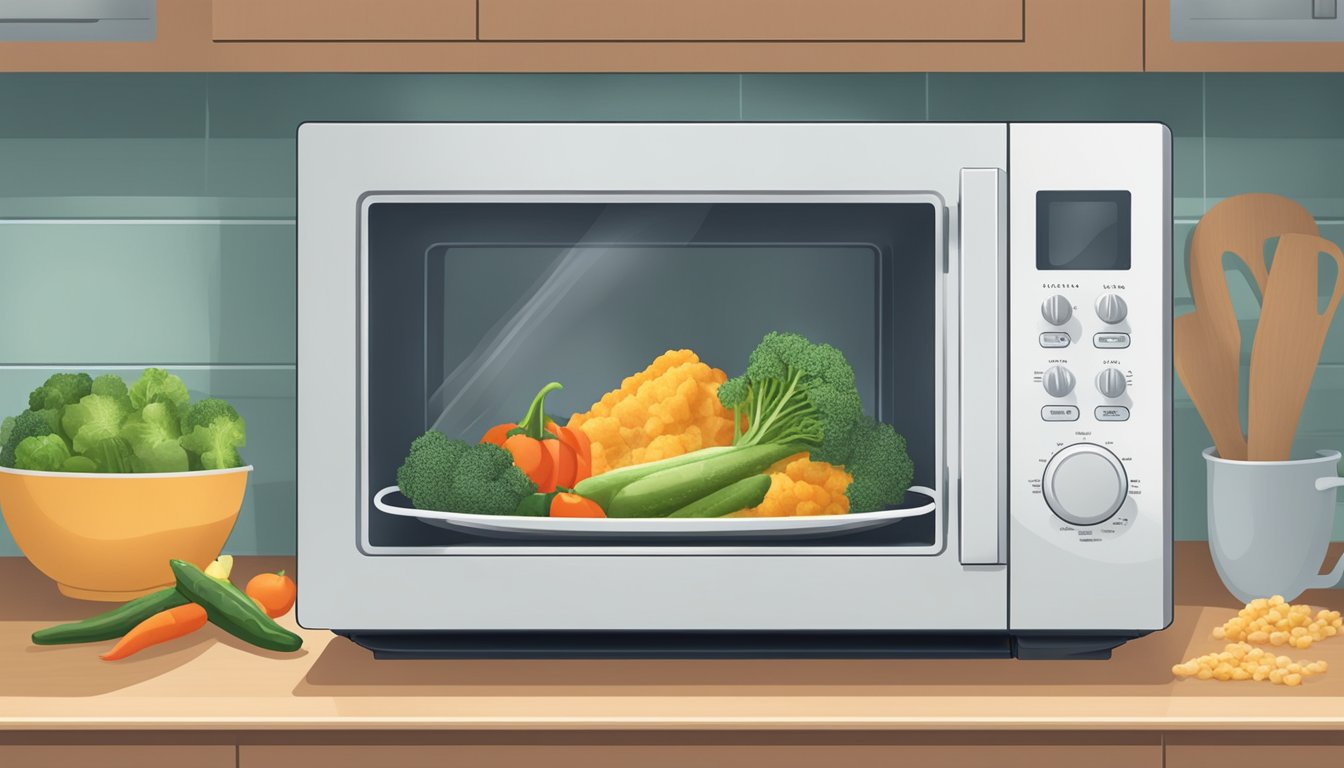 A microwave oven with a plate of gluten-free Provencal vegetables inside, steam rising from the dish