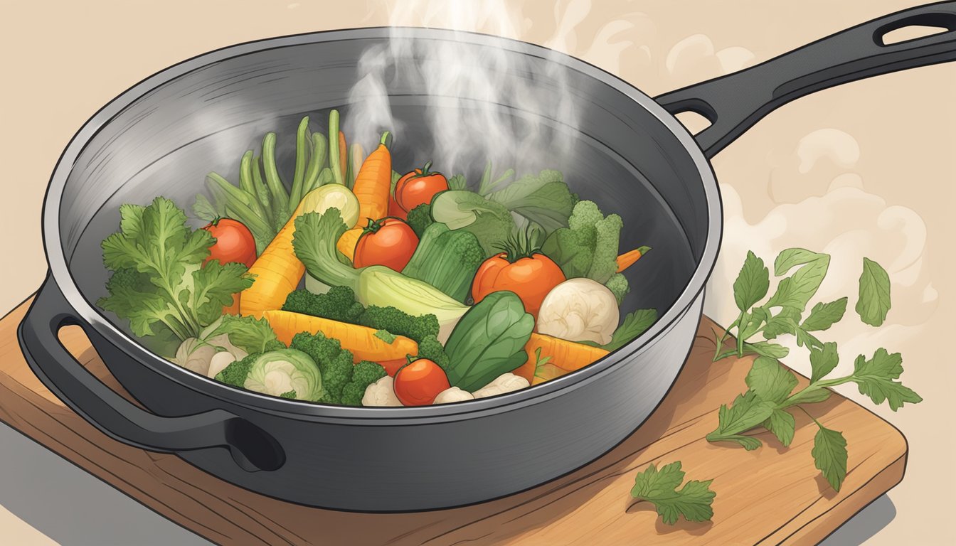 A colorful array of gluten free Provencal vegetables being reheated in a skillet, with steam rising and aromatic herbs sprinkled on top