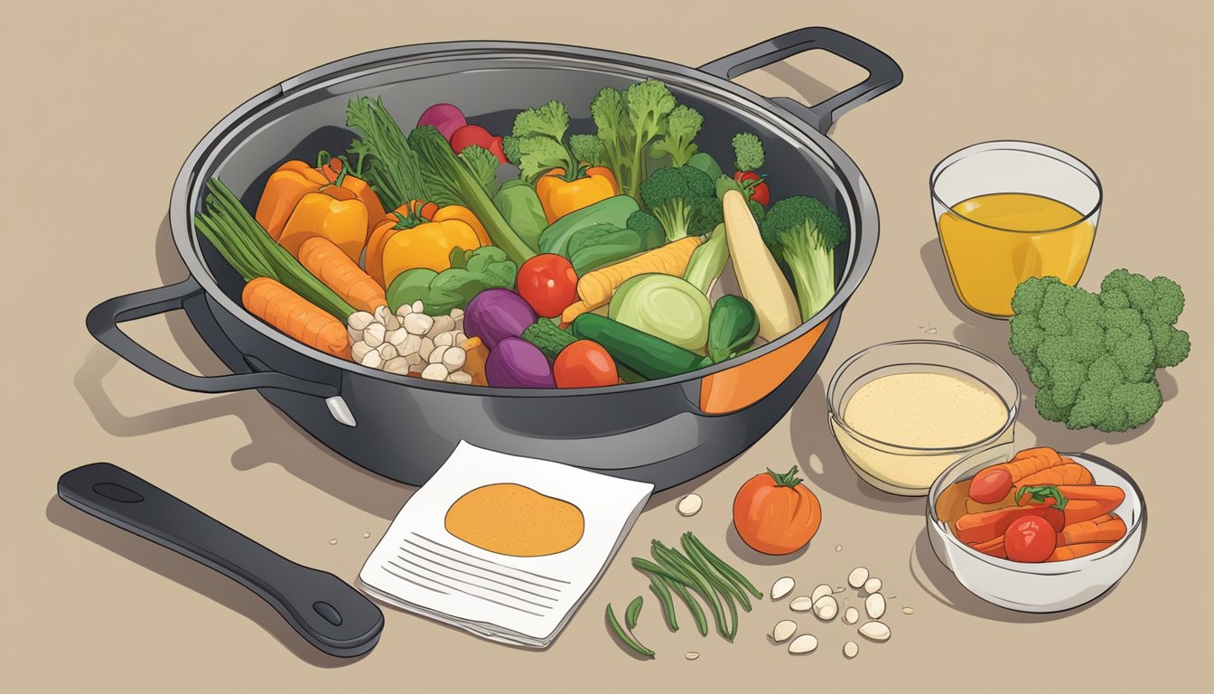 A colorful array of gluten-free Provencal vegetables being reheated in a skillet, with a bowl of nutritional information and health tips nearby