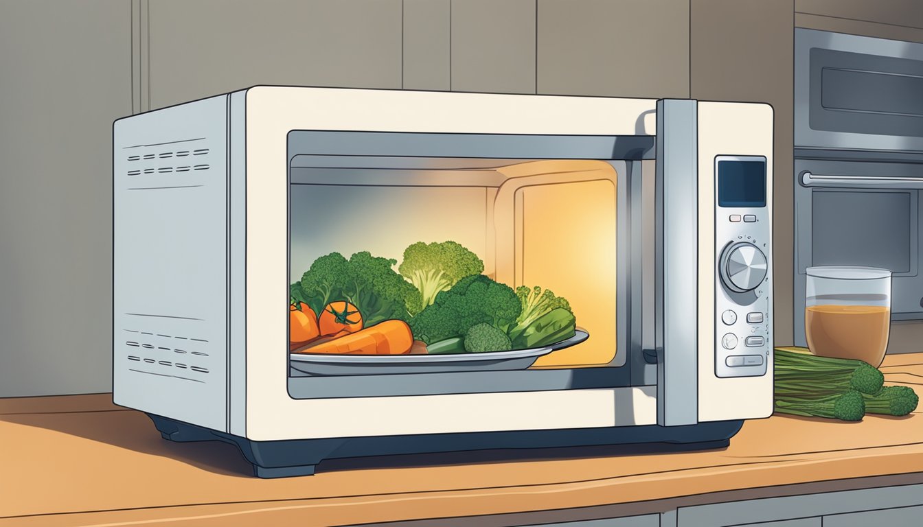 A microwave with a dish of gluten-free Provencal vegetables inside, steam rising as it reheats