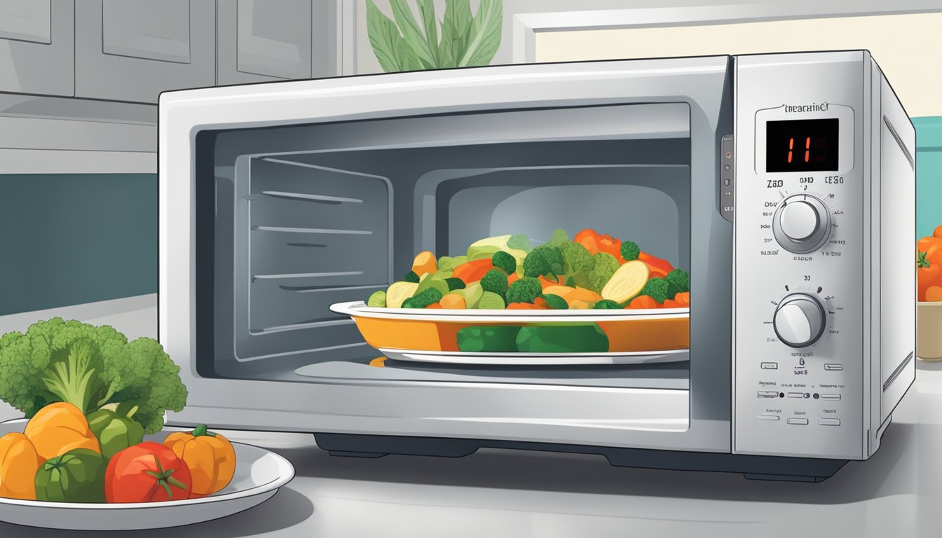 A microwave with a plate of gluten free Provencal vegetables inside, a digital thermometer, and a hand reaching to press the buttons