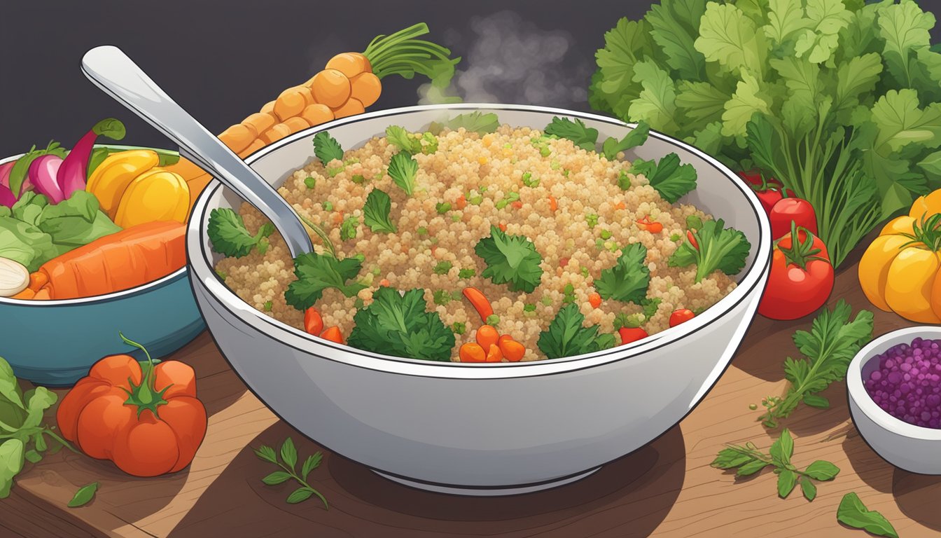 A steaming bowl of quinoa salad sits on a wooden table, surrounded by colorful vegetables and herbs. Steam rises from the dish, indicating its perfect reheating