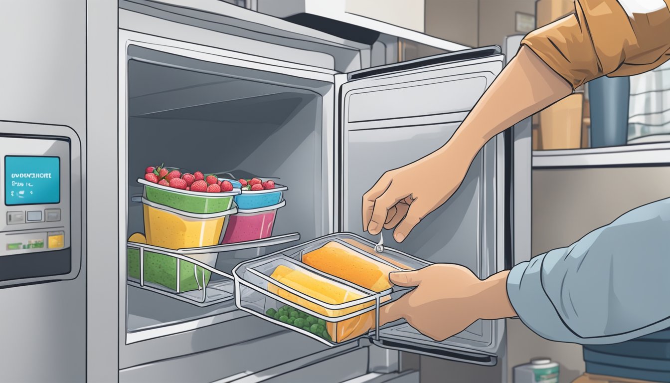 A hand reaching into a freezer, pulling out a labeled bag of smoothie packs. A microwave in the background