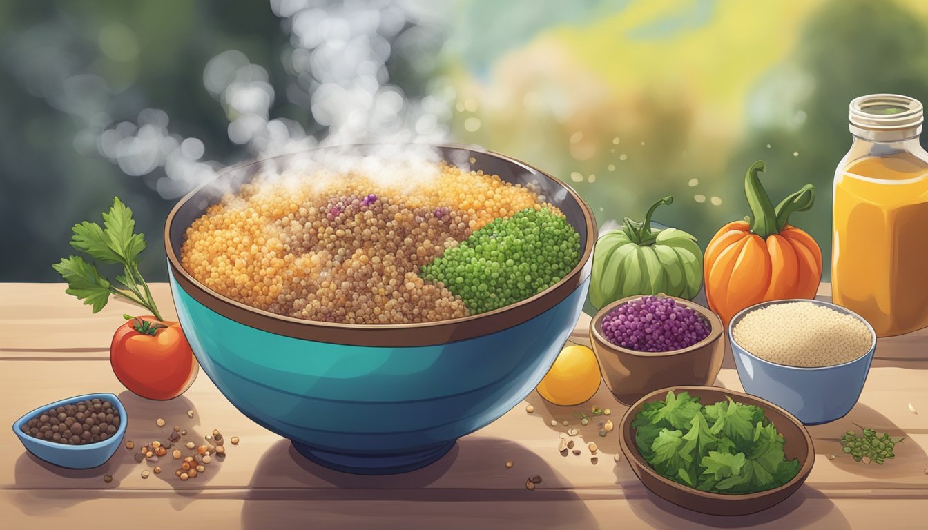 A steaming bowl of reheated quinoa, surrounded by colorful, fresh ingredients, with a hint of steam rising from the bowl