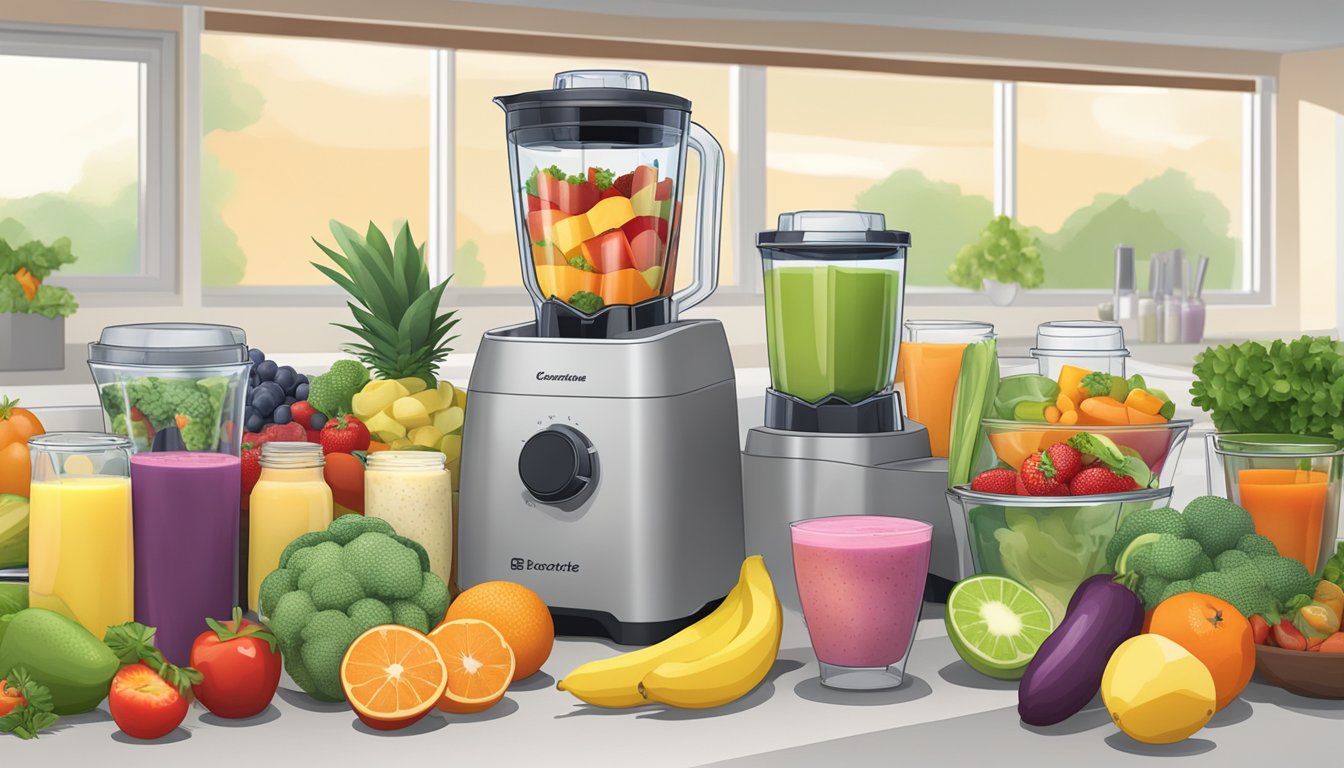 A countertop with a blender, assorted fruits, and vegetables, along with freezer bags filled with pre-portioned smoothie ingredients