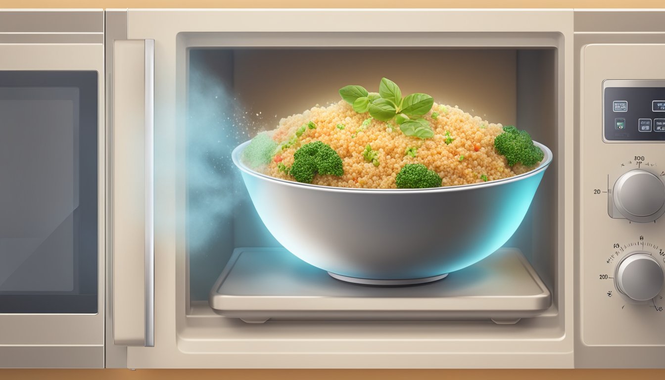 A bowl of quinoa salad being reheated in a microwave, steam rising from the dish as it sits on a rotating plate