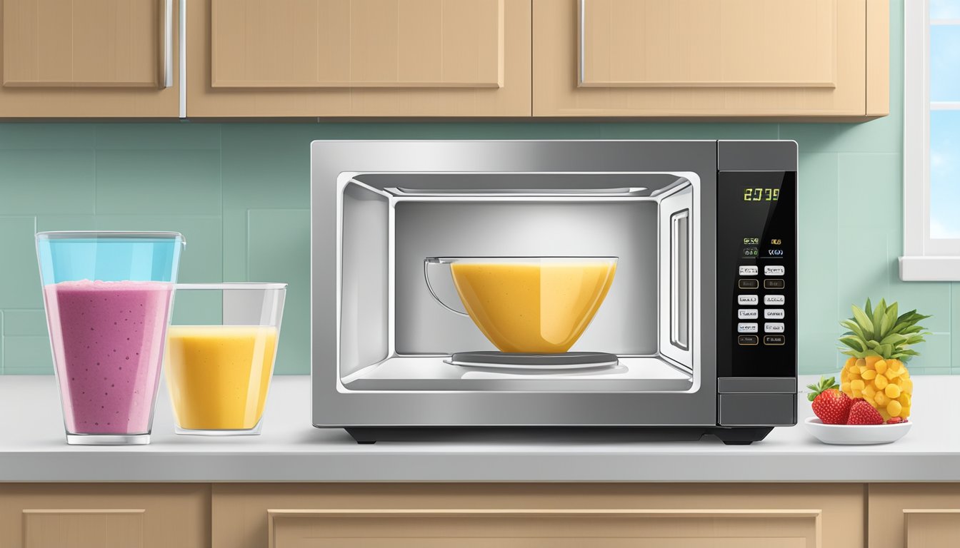 A microwave door is open with a gluten free smoothie pack placed inside. The digital display shows the timer being set