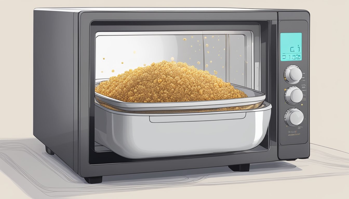 A quinoa bowl sits inside a microwave, steam rising as it reheats, the aroma of the flavorful ingredients filling the air