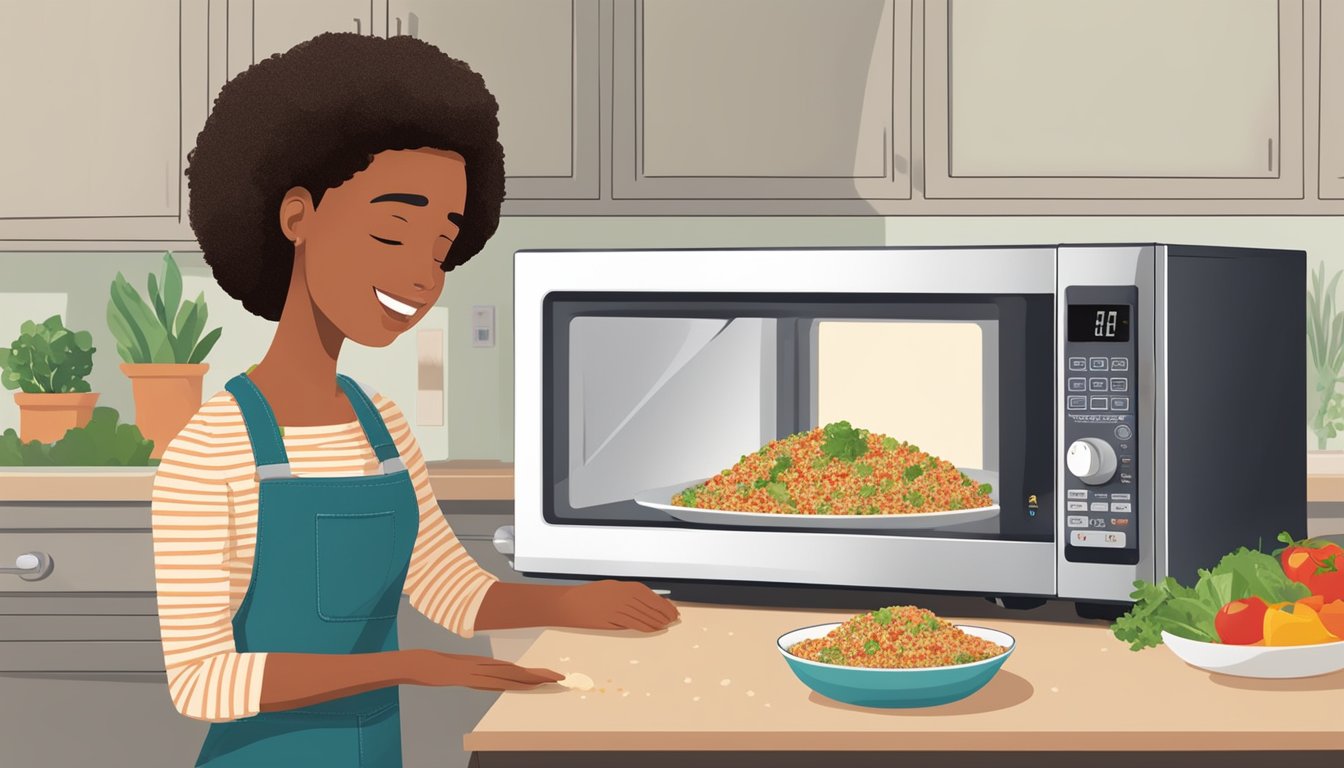 A person using a microwave to reheat a bowl of gluten free quinoa salad, with a digital timer set to ensure perfect reheating