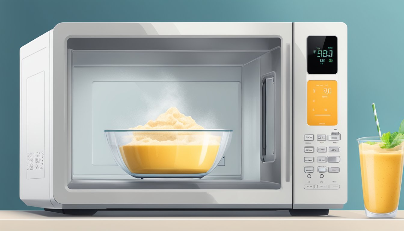 A microwave with a gluten free smoothie pack inside, a timer set, and steam rising from the opened pack