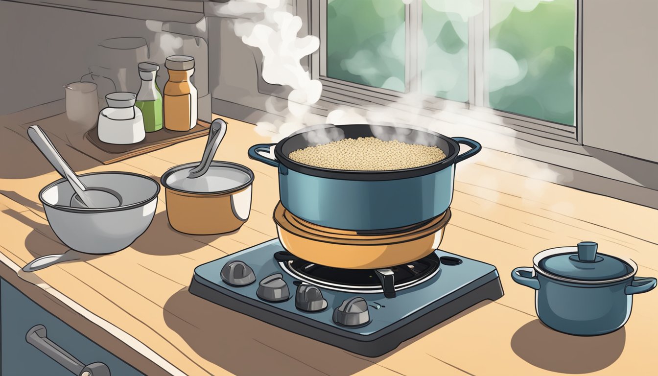 A quinoa bowl sits on a stovetop, surrounded by steam. A pot and spatula are nearby, ready for reheating