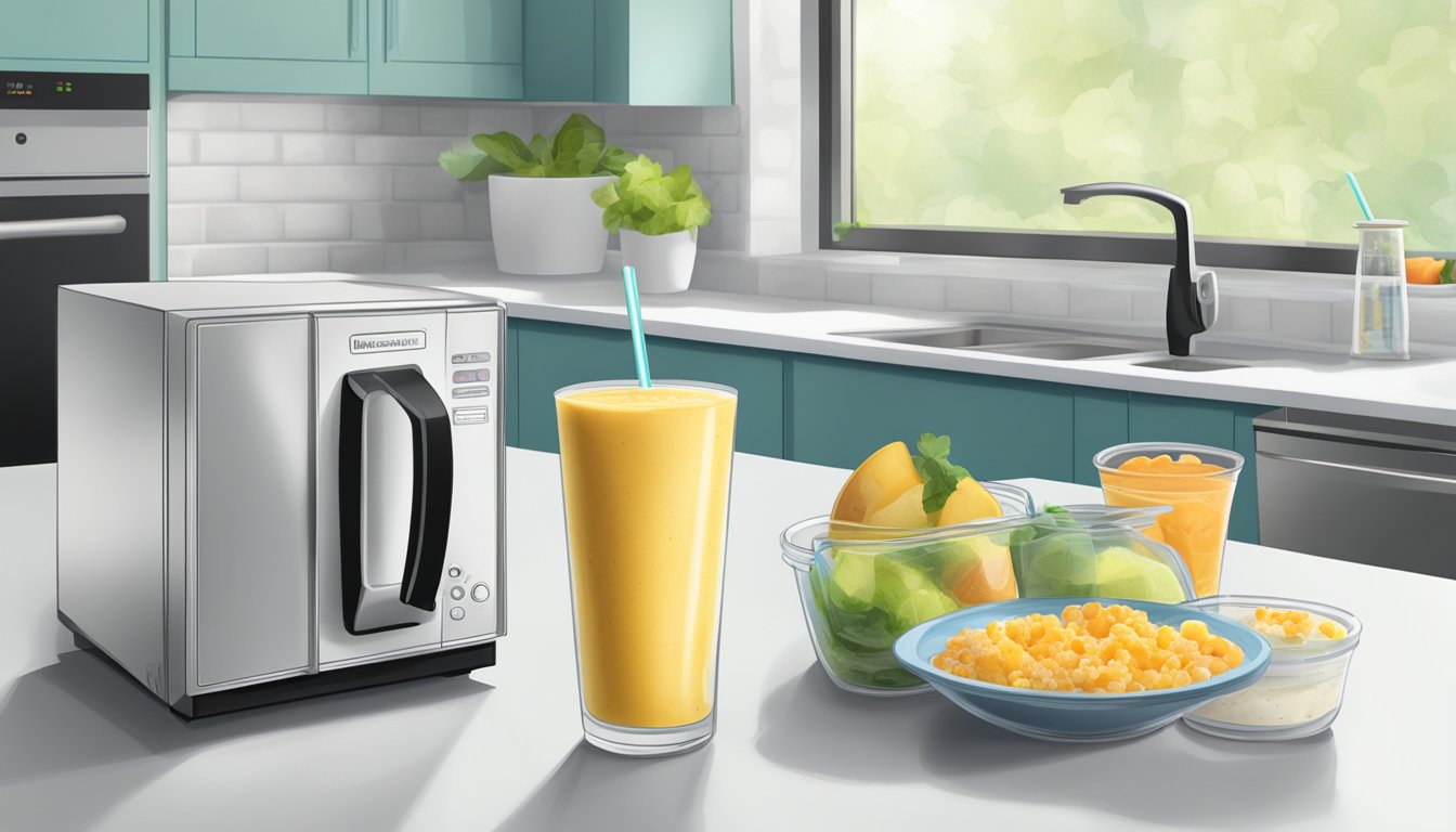 A kitchen counter with a microwave and a stack of frozen gluten-free smoothie packs