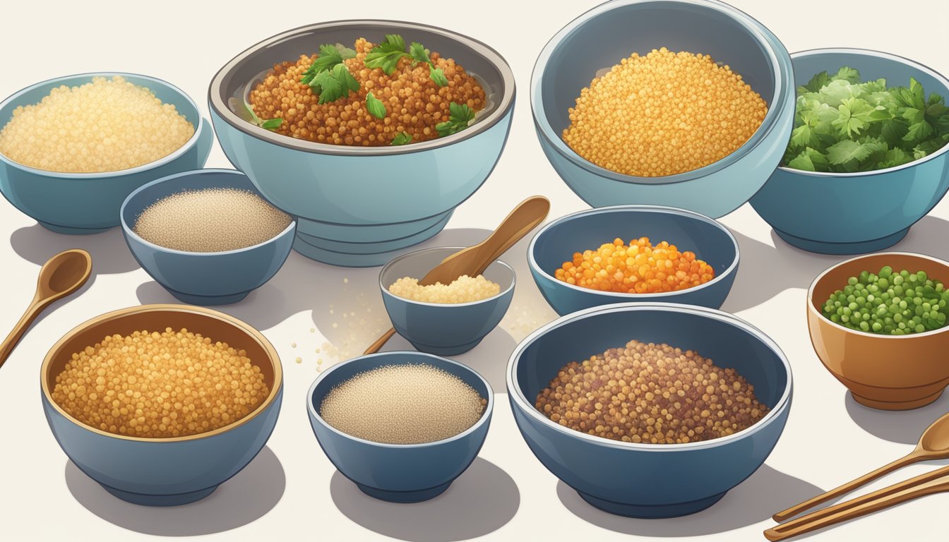 A variety of quinoa bowls arranged on a table, with steam rising from them as they are being reheated in a microwave or oven