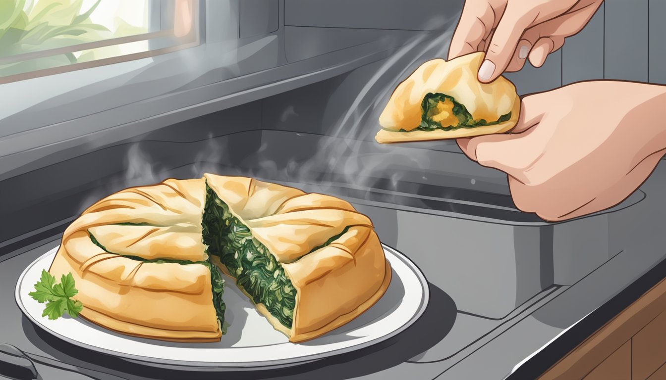 A plate of gluten-free spanakopita being gently reheated in the oven, with the warm air swirling around the flaky pastry and savory filling