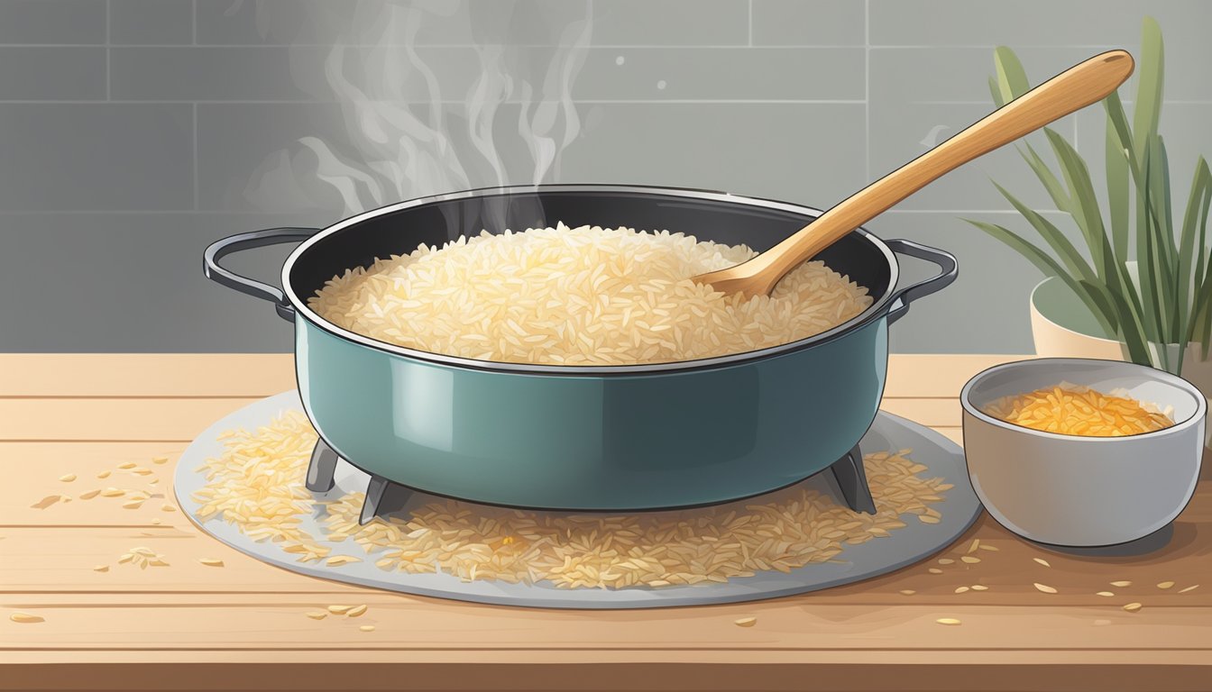 A pot of gluten-free rice pilaf sits on a stovetop, steam rising as it reheats. A wooden spoon stirs the pilaf as it warms