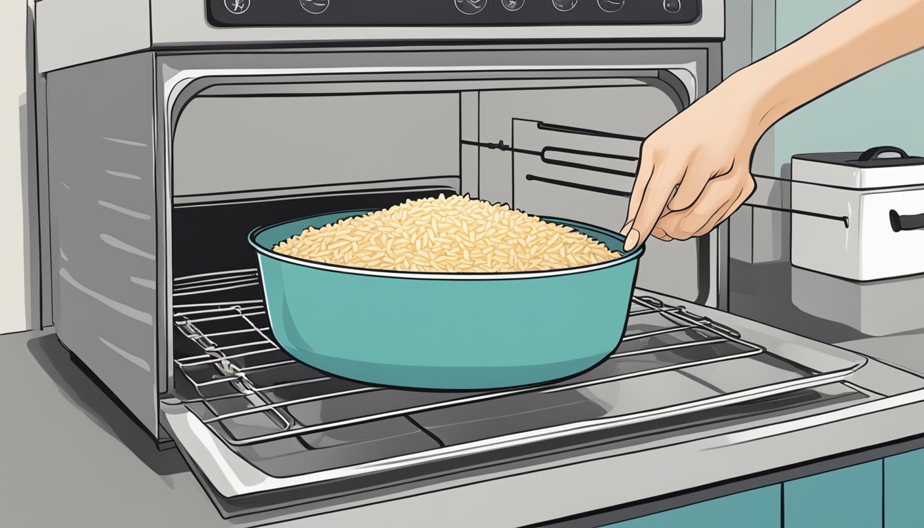 A hand placing a covered dish of gluten-free rice pilaf into a preheated oven