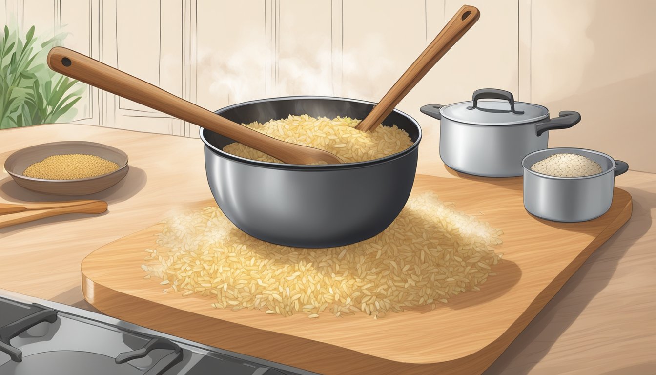 A steaming pot of gluten-free rice pilaf with key seasonings and add-ins being stirred with a wooden spoon over a stovetop