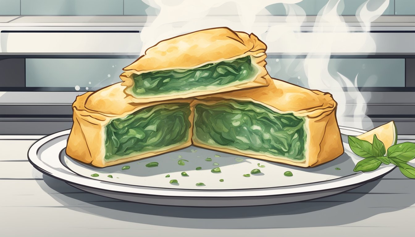 A plate of gluten free spanakopita being reheated in the oven, with steam rising from the flaky pastry and the savory filling inside