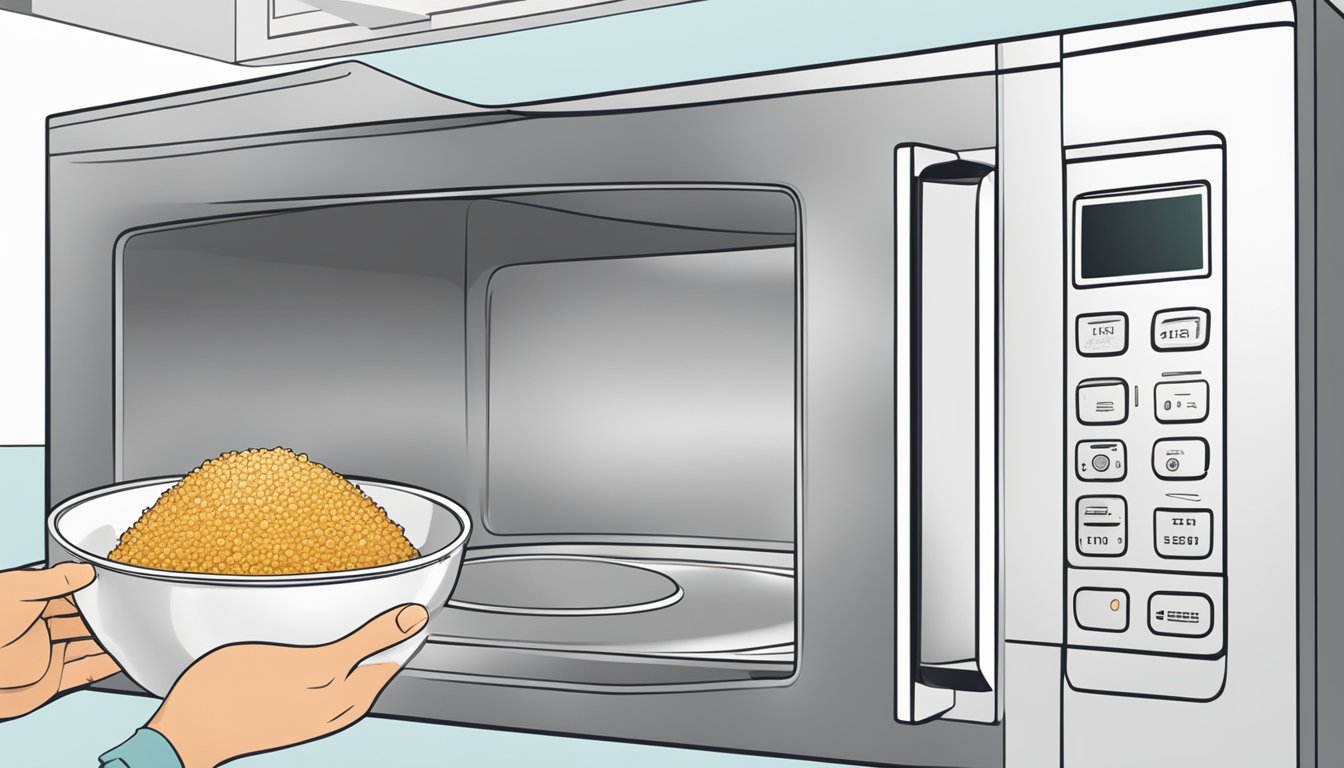 A person placing a gluten-free rice bowl in the microwave, setting the timer, and covering the bowl with a microwave-safe lid