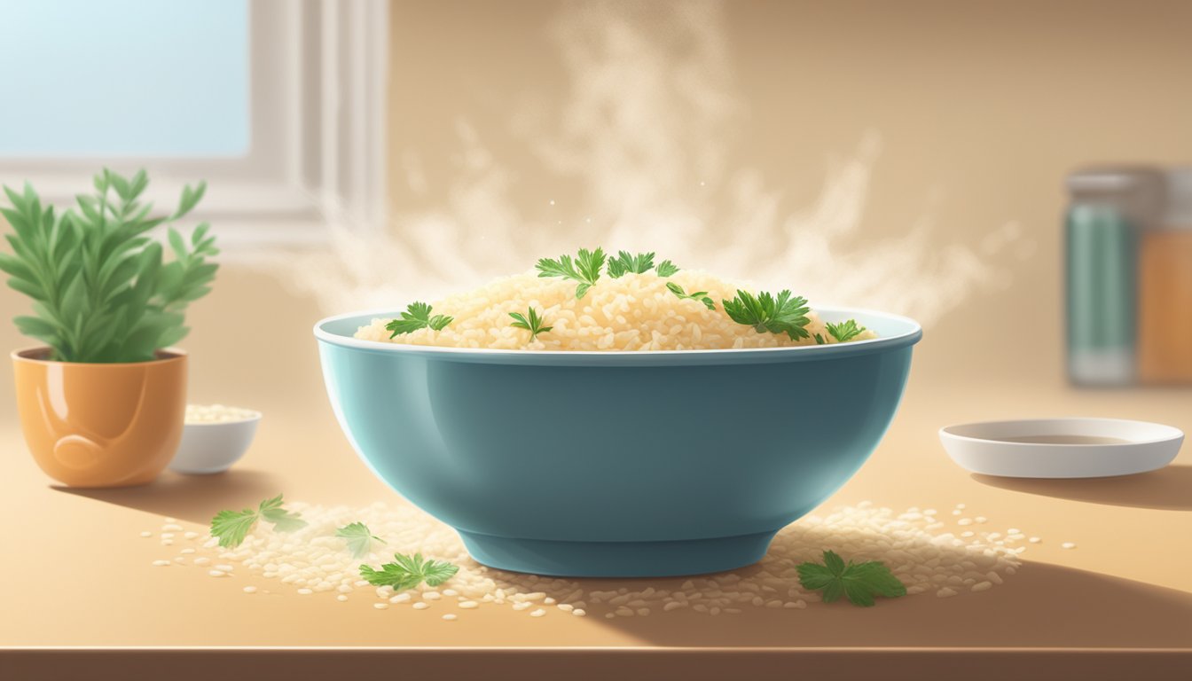 A steaming bowl of gluten free rice pilaf being reheated in a microwave, with aromatic steam rising and a sprinkle of fresh herbs on top