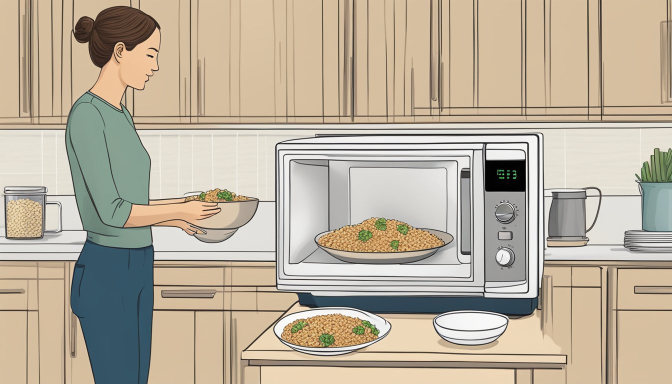 A person using a microwave to reheat a bowl of gluten-free rice pilaf