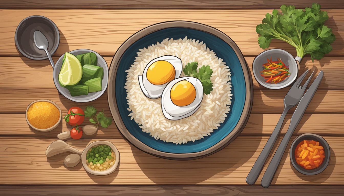 A steaming bowl of gluten-free rice, topped with colorful, textured ingredients, sits on a rustic wooden table. A fork rests beside the bowl, ready for a satisfying meal