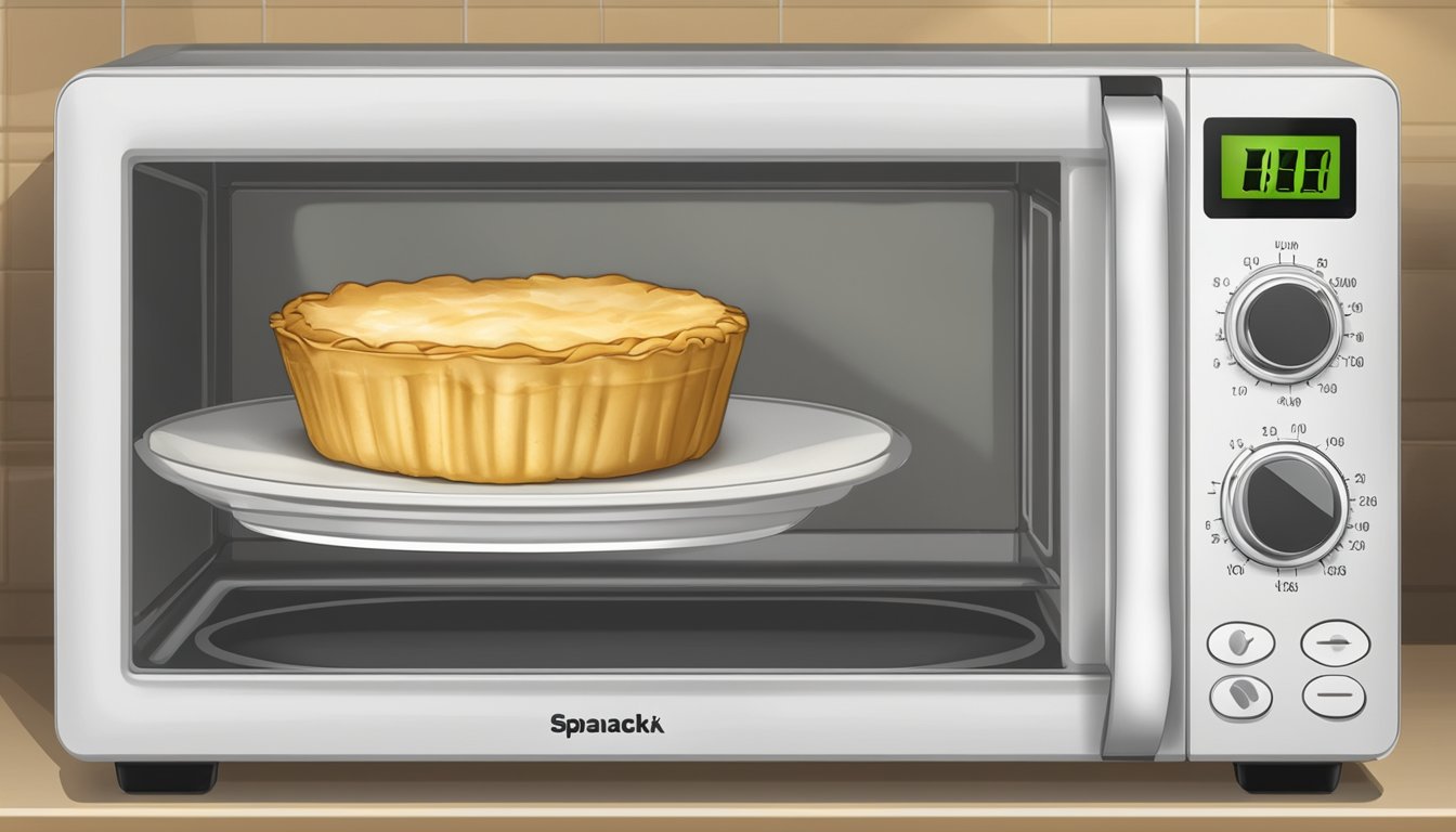 A plate of golden brown gluten free spanakopita sits in the center of a microwave, with the door closed and the timer set