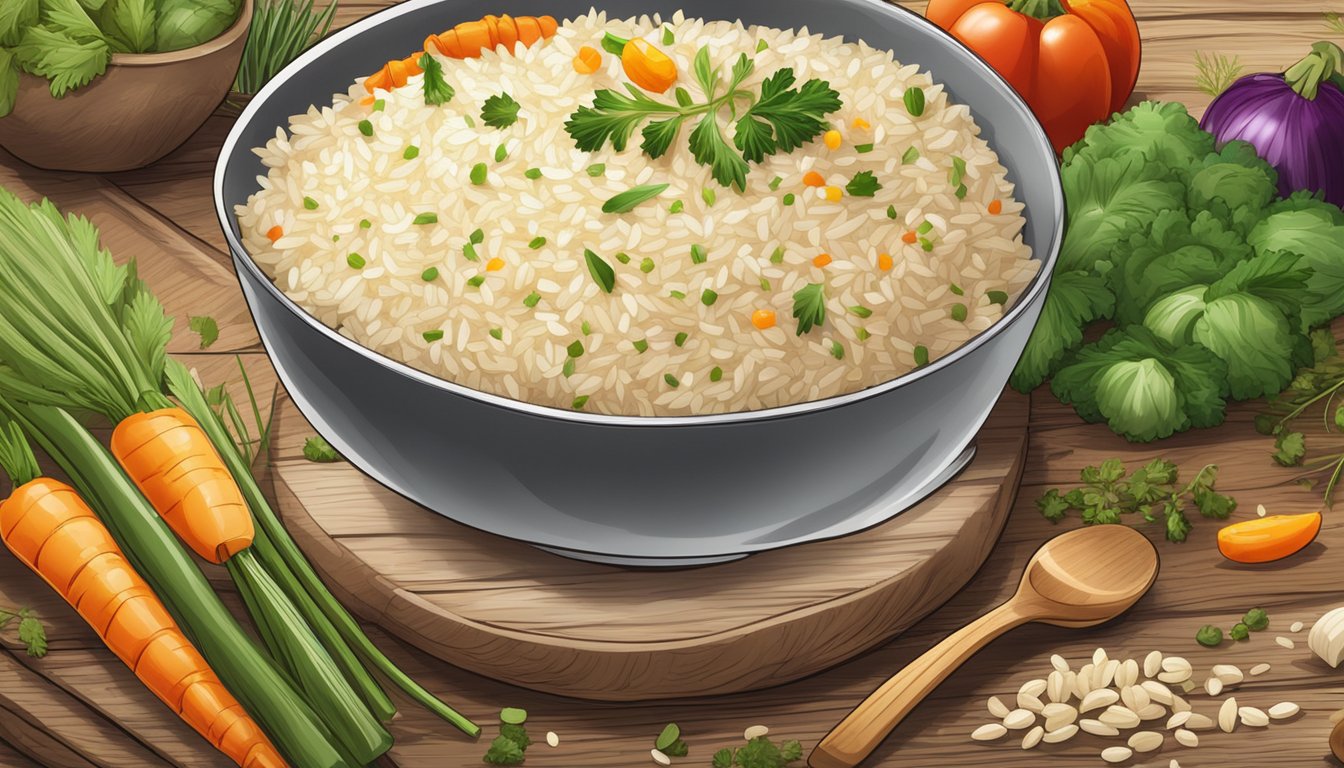 A steaming bowl of gluten-free rice pilaf sits on a rustic wooden table, surrounded by colorful vegetables and herbs