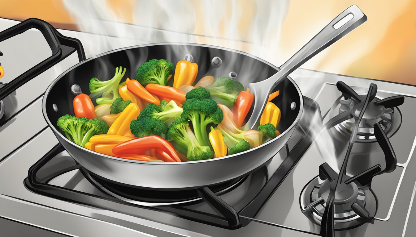 A steaming skillet of gluten-free stir-fry vegetables sizzling over a stovetop, with colorful peppers, broccoli, and carrots glistening in the heat