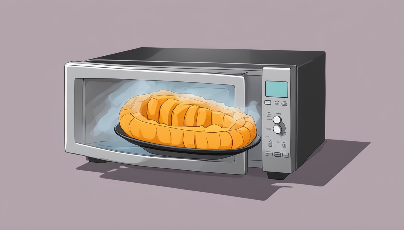 A plate of gluten-free roasted butternut squash being reheated in the microwave, with steam rising from the hot food