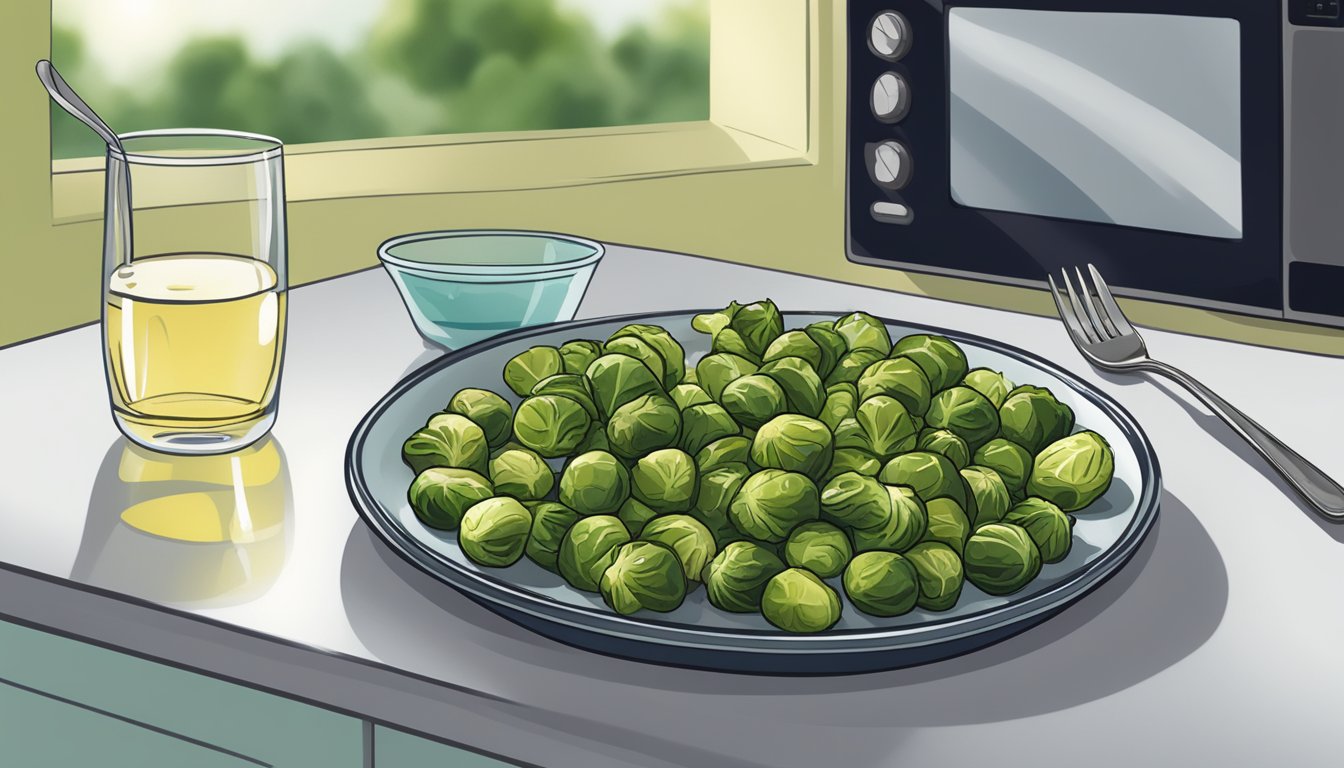 A plate of gluten-free roasted brussels sprouts in a microwave, with a glass of water and a fork nearby