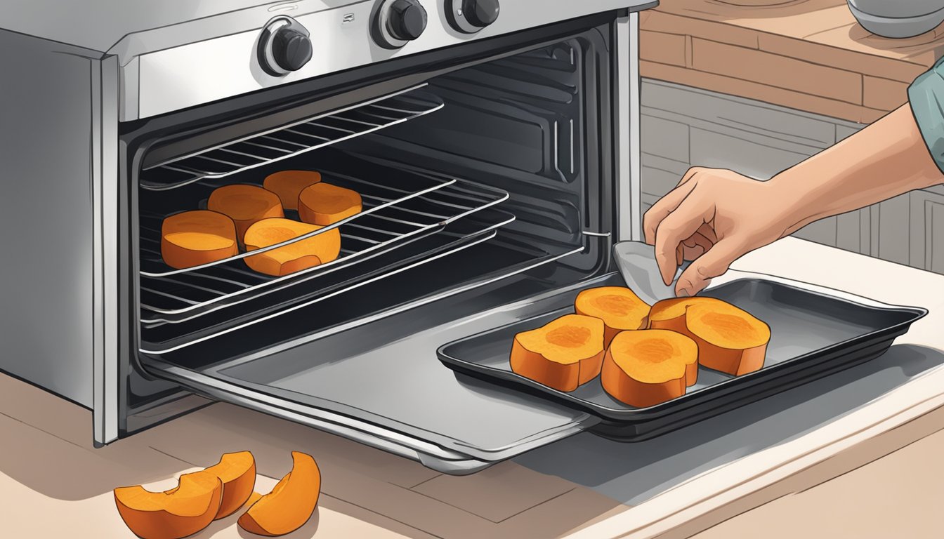 A person using an oven to reheat roasted butternut squash on a baking sheet