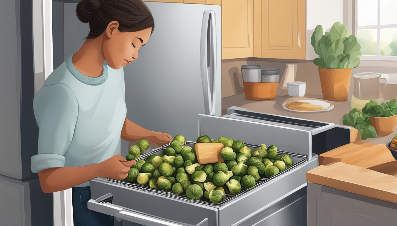 A kitchen scene with a container of roasted brussels sprouts being placed in the refrigerator, followed by a person reheating them in the oven