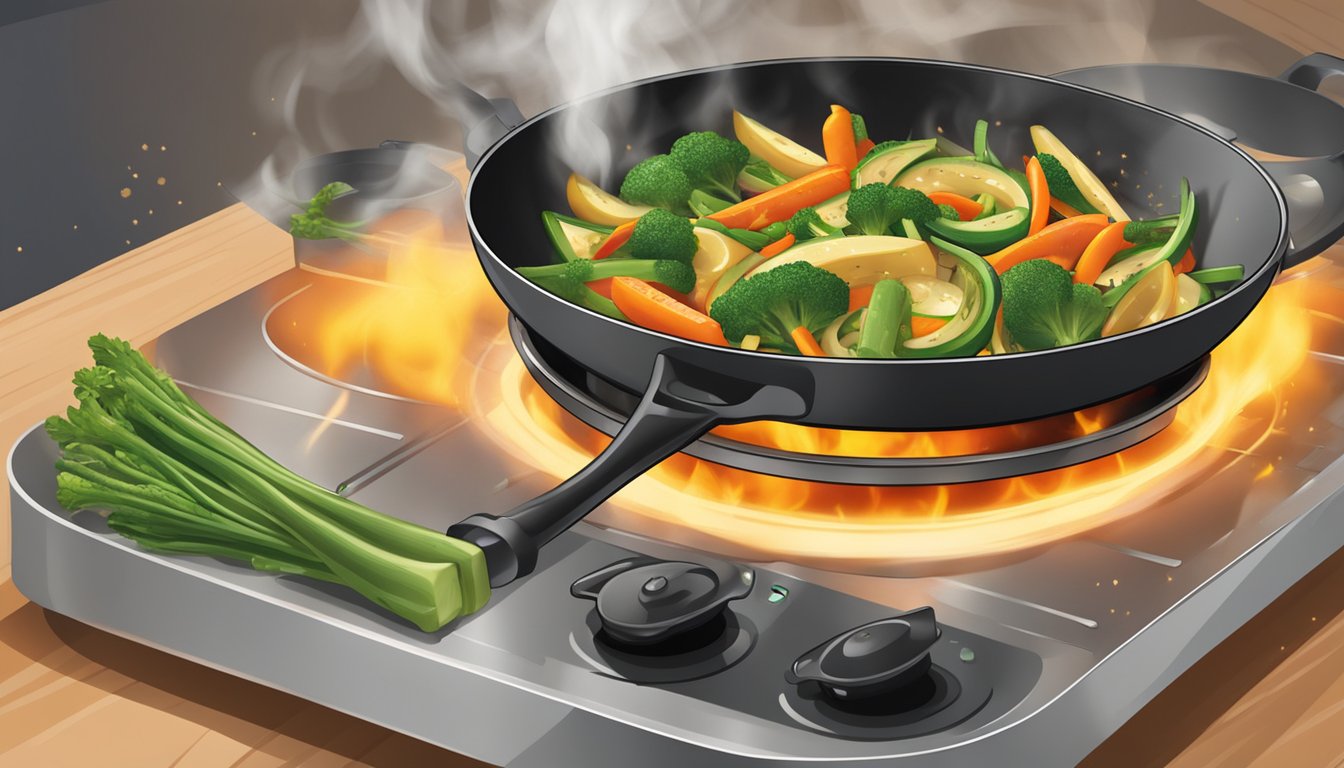 A skillet sizzling with gluten-free stir fry vegetables, being tossed and heated to perfection