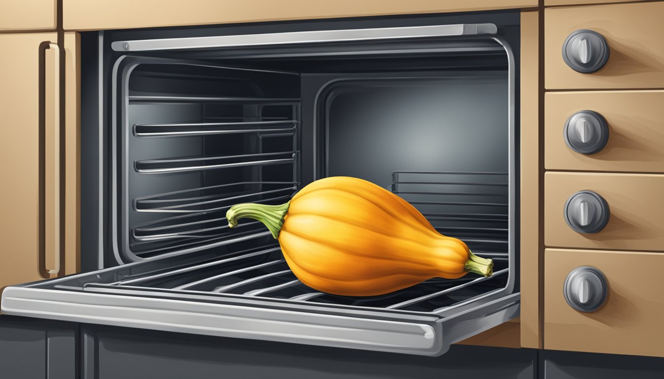 A butternut squash sitting on a baking tray inside a preheated oven