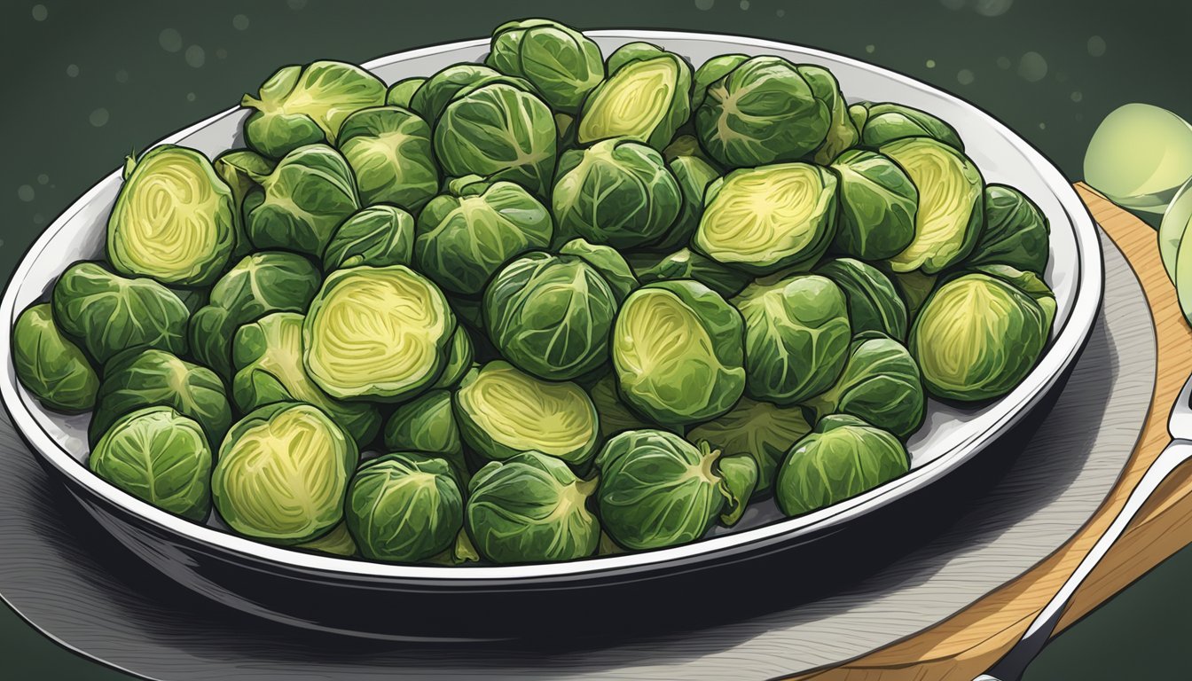 A plate of gluten-free roasted Brussels sprouts being reheated in a microwave or oven