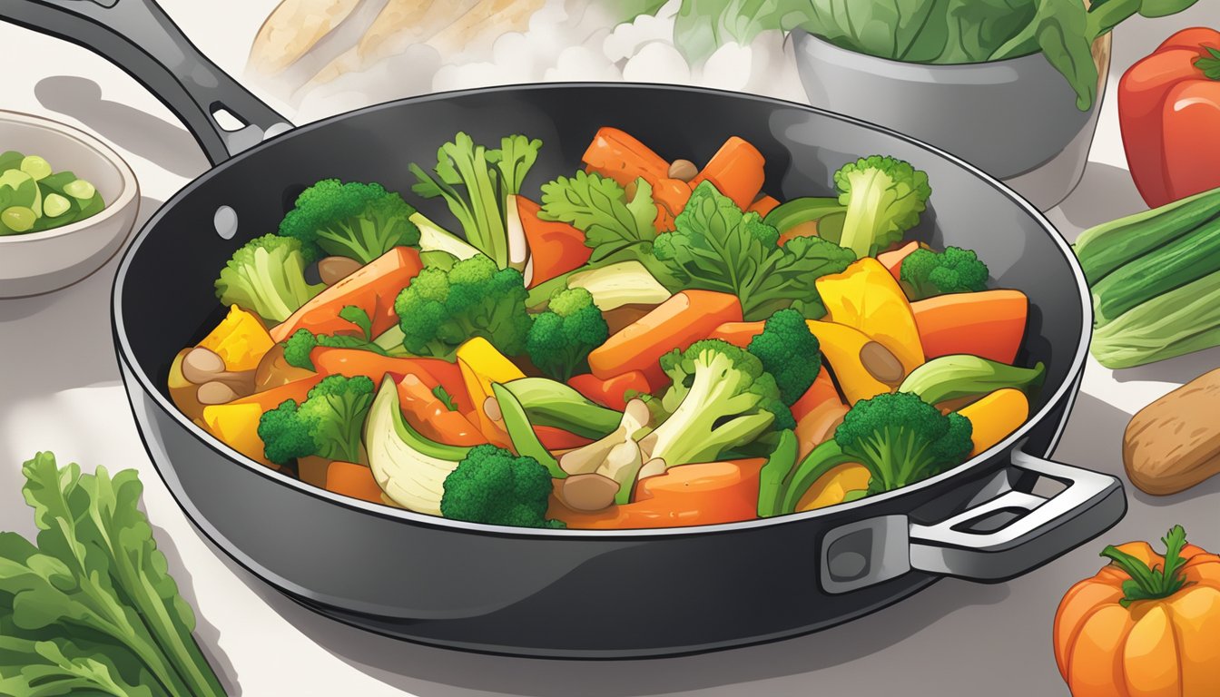 A steaming skillet of gluten-free stir-fry vegetables being reheated, with vibrant colors and enticing aroma