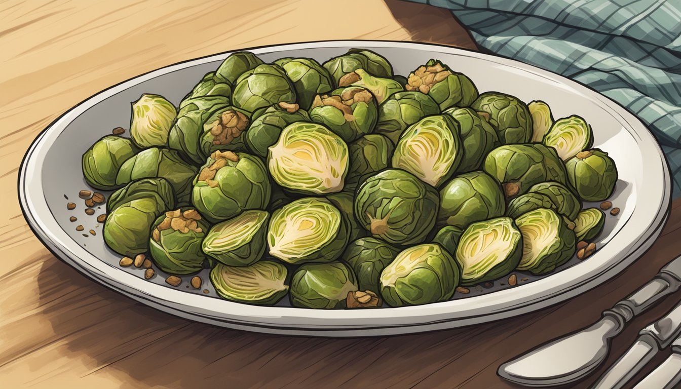 A plate of reheated gluten-free roasted Brussels sprouts with various seasoning and flavor enhancements