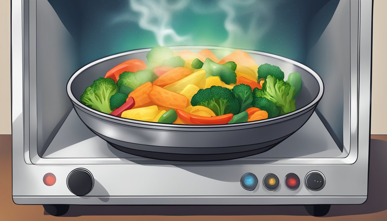 A steaming bowl of gluten-free stir fry vegetables being reheated in a microwave, with vibrant colors and enticing aroma