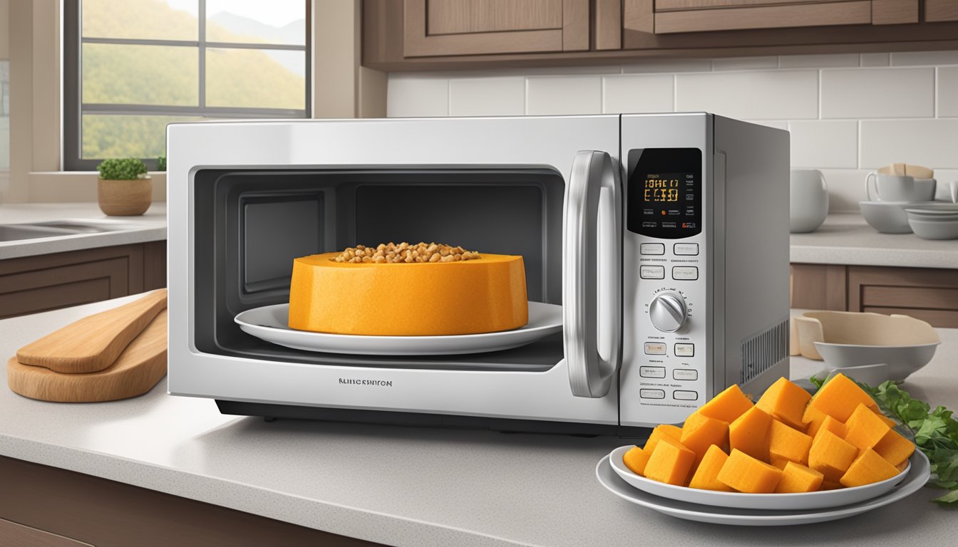 A microwave with a plate of gluten free roasted butternut squash inside, rotating on the turntable