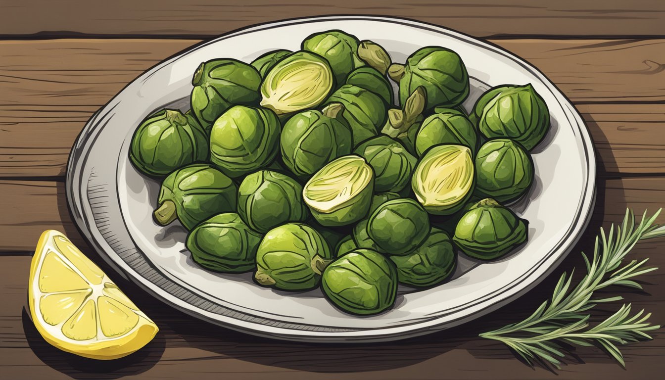 A plate of reheated gluten free roasted Brussels sprouts with a side of lemon wedges and a sprig of fresh rosemary, set on a rustic wooden table