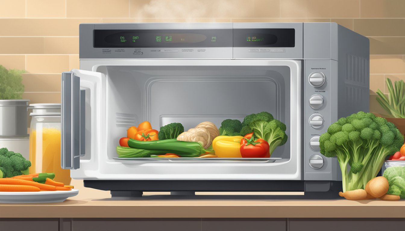 A microwave oven with a plate of gluten-free stir-fry vegetables rotating inside, steam rising from the hot food