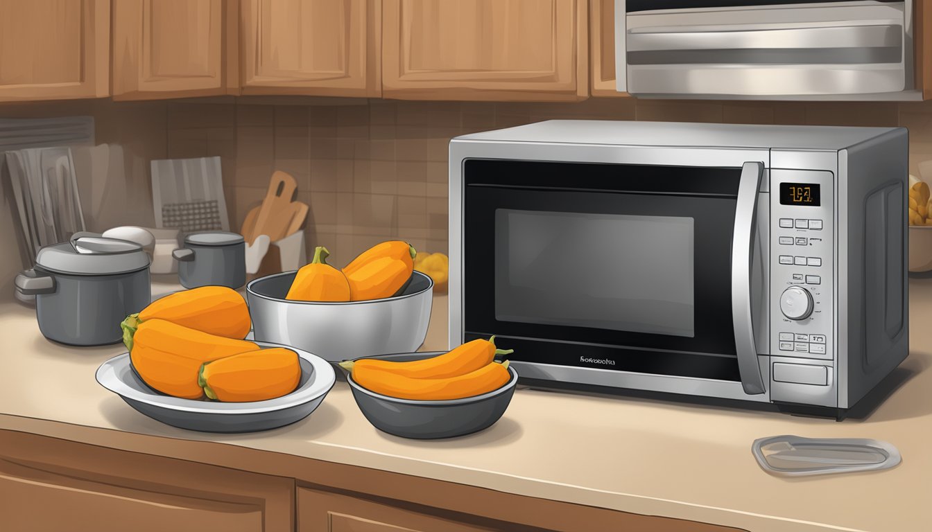 A kitchen counter with a sealed container of roasted butternut squash next to a microwave and a set of instructions for reheating