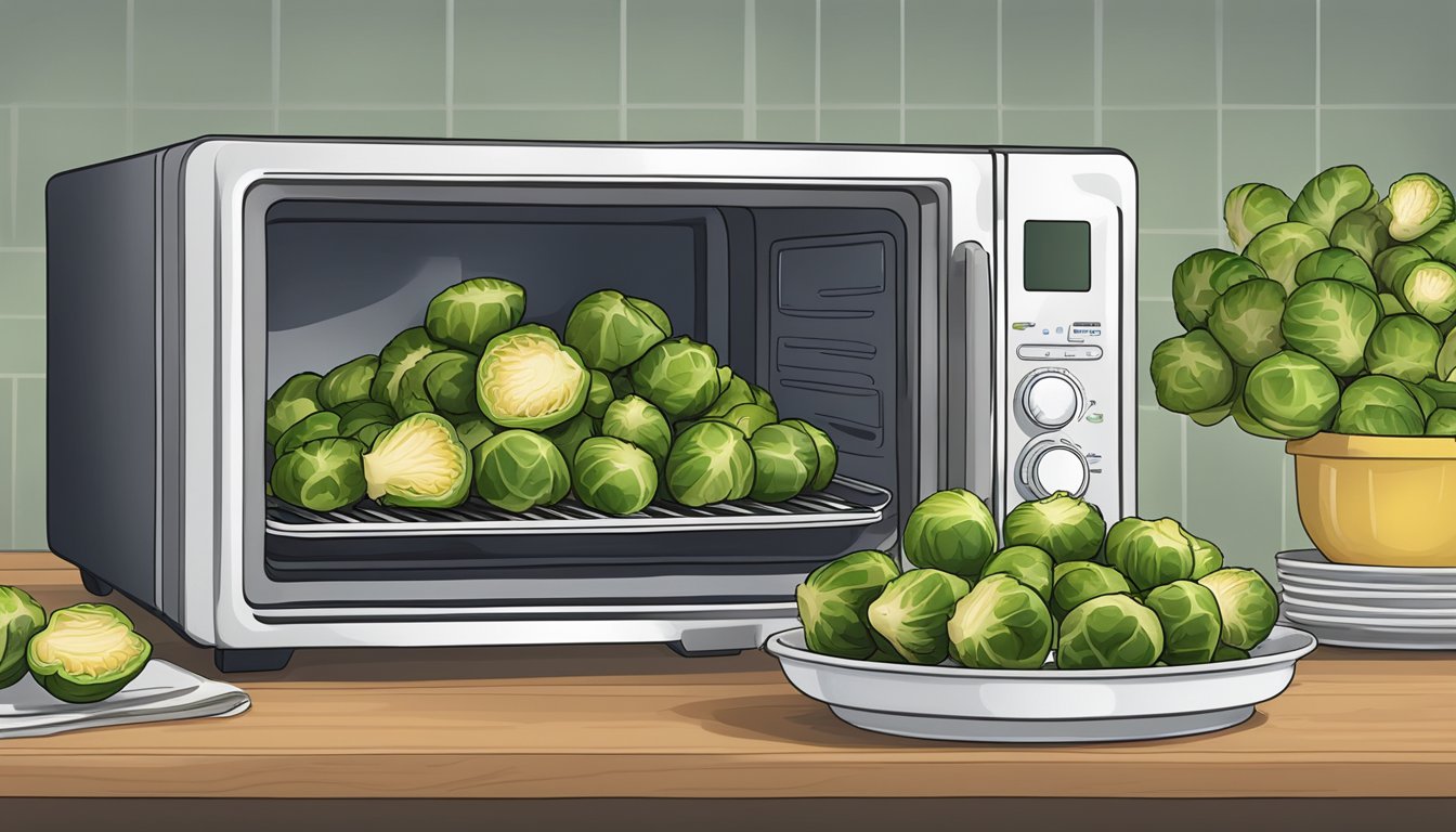 A baking sheet with roasted brussels sprouts, a microwave, and a plate