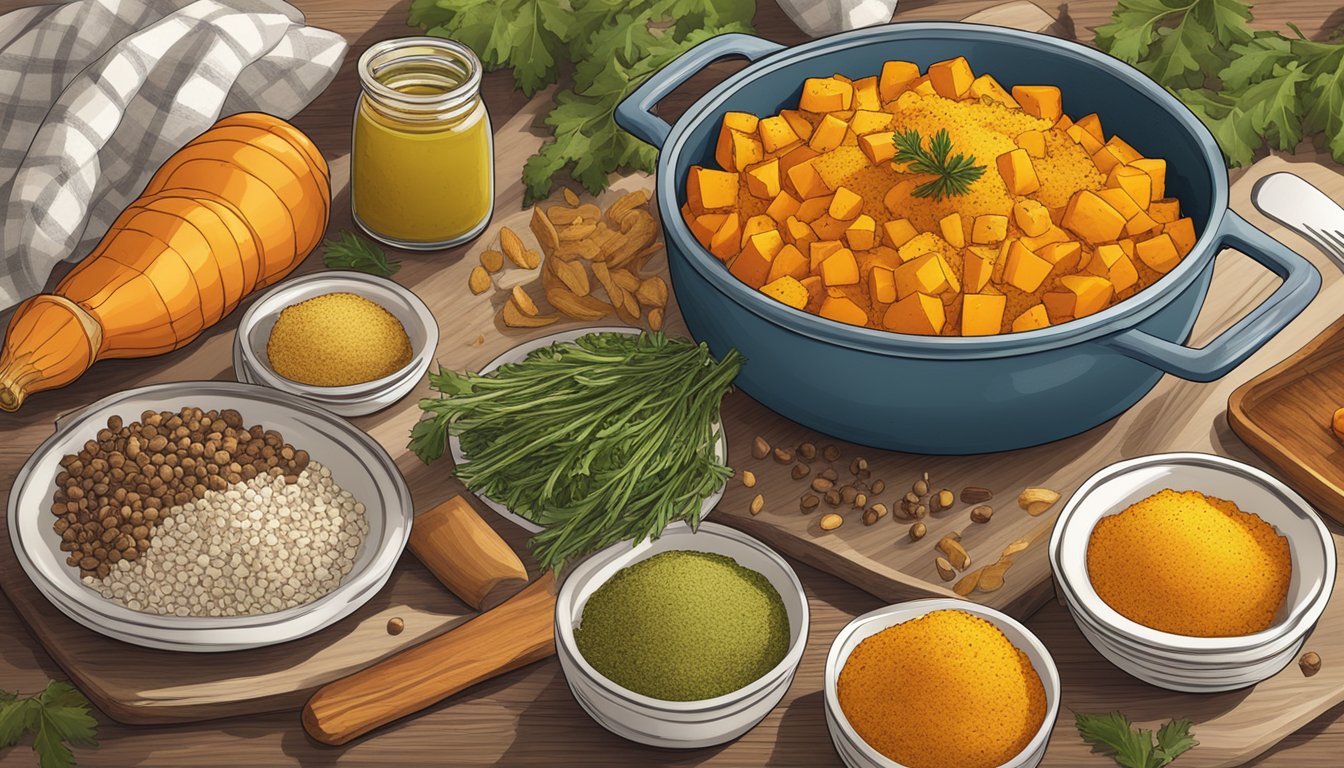 A vibrant array of seasonings and condiments surround a dish of reheated gluten-free roasted butternut squash, adding color and flavor to the scene