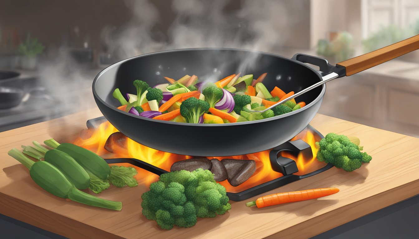 A non-stick skillet sizzling with gluten-free stir-fry vegetables being gently tossed with tongs over a medium flame