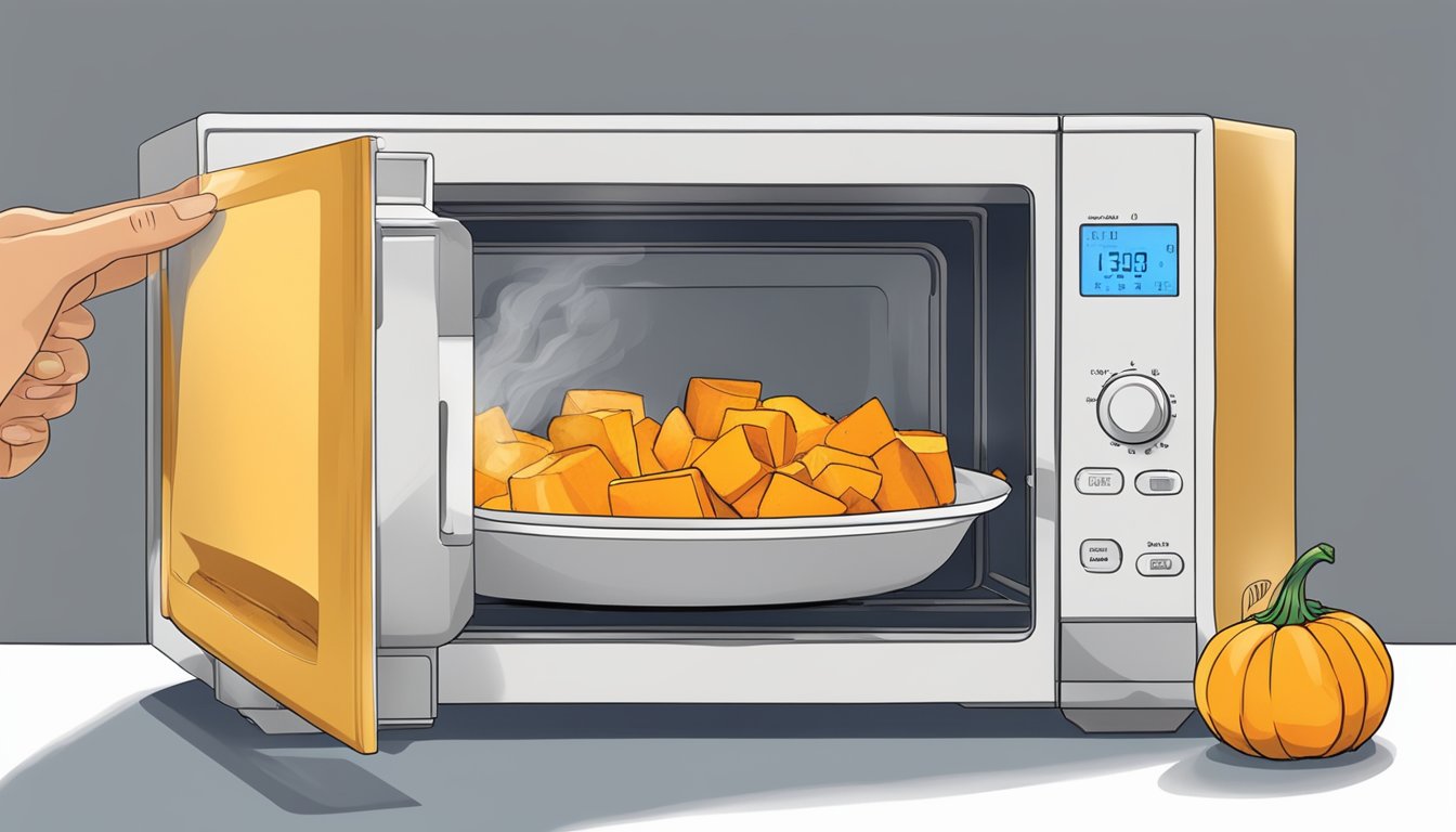 A person reheating gluten-free roasted butternut squash in a microwave-safe dish, covering it with a microwave-safe lid, and heating it on high for 2-3 minutes